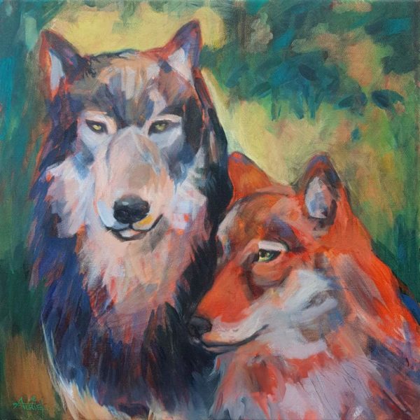 loup, couple, peinture acrylique