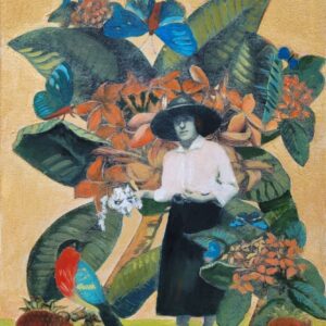 collage, femme, jardin