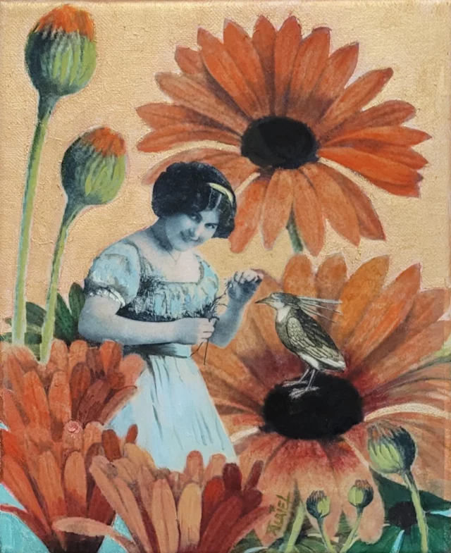 Je vous présente un petit format en vente sur mon site. Je suis partie d'une carte postale ancienne que j'ai transférée sur toile, j'y ai ajouté des gravures de fleurs, d'oiseau. J'ai peint par dessus. Mon inspiration ce sont les jardinières passionnées  que j'ai croisées. Elles créent des tableaux végétaux magnifiques, en symbiose avec la nature.
Si vous cliquez sur la première image, vous accédez directement à mon site.