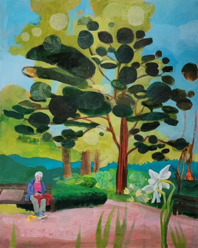Dans un jardin, on flâne, on lit, on joue, on jardine, on rêve... Le jardin, c'est le lieu de l'été et du plaisir des sens. C'est ce que j'ai voulu retranscrire dans cette peinture qui fait partie d'une nouvelle série. Ici cette œuvre s'inspire d'une scène vue dans le parc oriental de Maulévrier dans les Pays de Loire. Peinte à l'huile, elle intègre des collages qui donnent des effets de matière et de graphisme. Cette nouvelle œuvre est à vendre sur @riseart.. 
In a garden, we stroll, we read, we play, we garden, we dream... The garden is the place of summer and the pleasure of the senses. This is what I wanted to transcribe in this painting which is part of a new series. Here this work is inspired by a scene seen in the oriental park of Maulévrier in the Pays de Loire. Painted in oil, it integrates collages that give effects of material and graphics. This new work is for sale on RiseArt.
#peinturehuile #riseart #huilesurtoile #originalpainting #originalart #artforsale #artforyourhome #levesinet #maulevrier