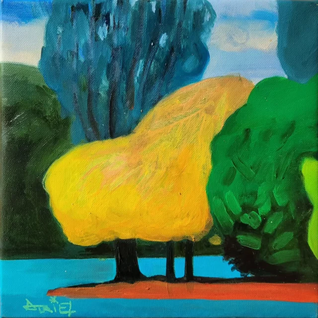 L'arbre jauni, huile sur toile, petit format carré de 20 x 20 cm. Souvenir d'une balade dans le parc d'un château francilien... Prix en DM.