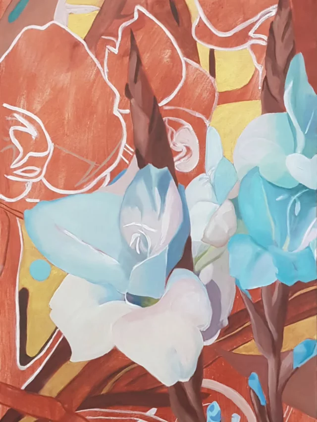Les glaives, huile sur toile, pour un format original double carré, 120 x 60 cm. Le titre fait référence à l'étymologie du mot glaïeul, une fleur que j'ai représentée dans cette toile. Je l'ai traitée de manière contemporaine avec des couleurs bleues irréalistes en harmonie avec le fond ocre rouge. Prix en DM.