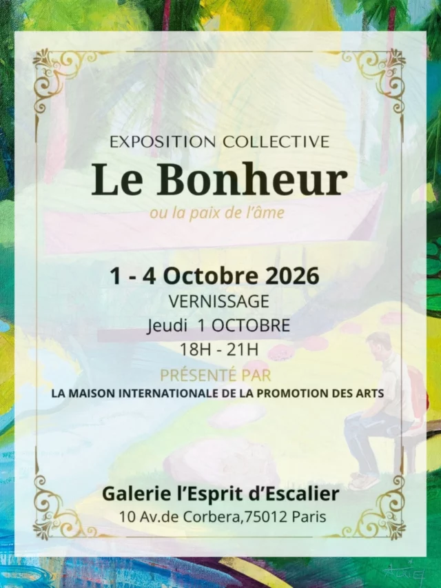À l'occasion des Journées nationales des artistes, la galerie L'Esprit d'Escalier organise une exposition collective sur le thème du bonheur. Une de mes toiles de la série Jardins y est sélectionnée. J'espère vous voir au vernissage le Jeudi 1er octobre à partir de 18 heures ! 🌞
#expositionparis #originalpainting #achetezdelart #artàvendreparlartiste #artforsale #portesouvertes
