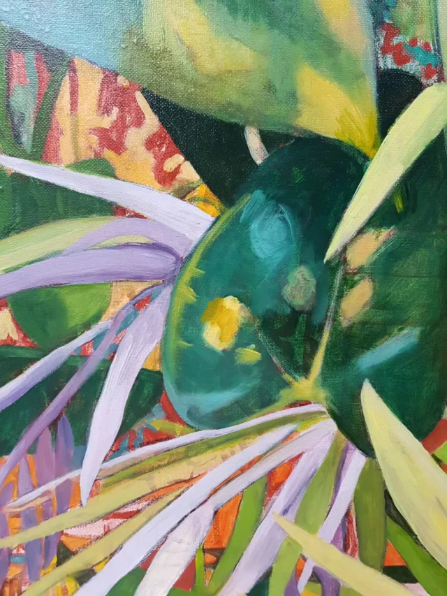 Sous le feuillage, huile sur toile, 60 x 60 cm. Série L'envers du décor.  Présentée actuellement à l '@atelierpieceunique. Prix sur demande.