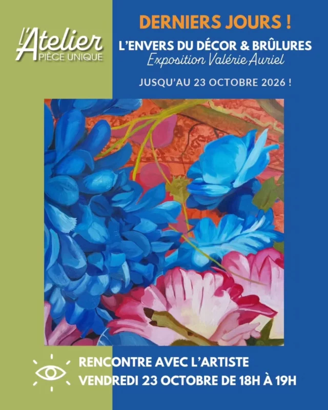 Mon exposition à la galerie l'@atelierpieceunique se termine bientôt. J'ai le plaisir d'être présente à la galerie pour un temps d'échange avec vous, ce vendredi 23 octobre à 18h.  À très bientôt ! 
Serez-vous là ?